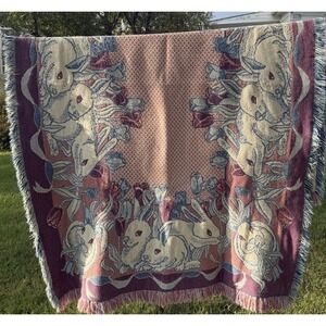 1992 MWW Cotton Tapestry Throw Blanket Pink Blue Bunnies Easter Heavy Duty Woven